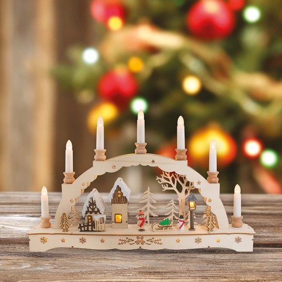 Natural Wooden LED Candle Bridge Scene with Warm White Candles