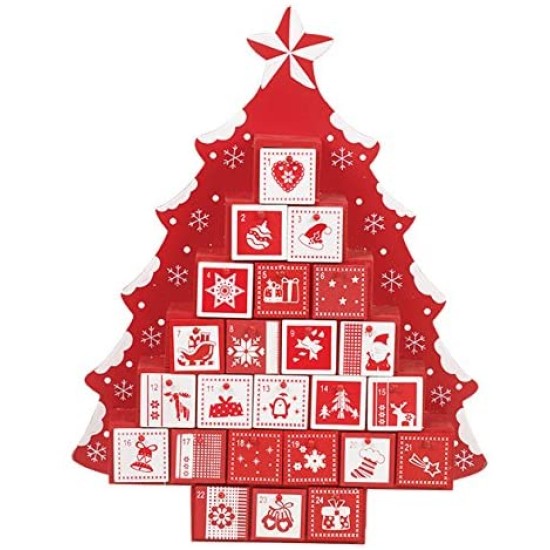 Tree Shape Wooden Advent Calendar Red and White with Drawers