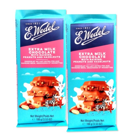 E.Wedel Extra Milk Chocolate Raisins Peanut & Hazelnut Bar 100g -2 For £1