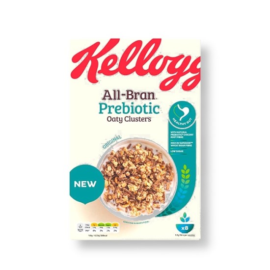 Kelloggs All Bran Prebiotic Oaty Clusters Cereal 380g.